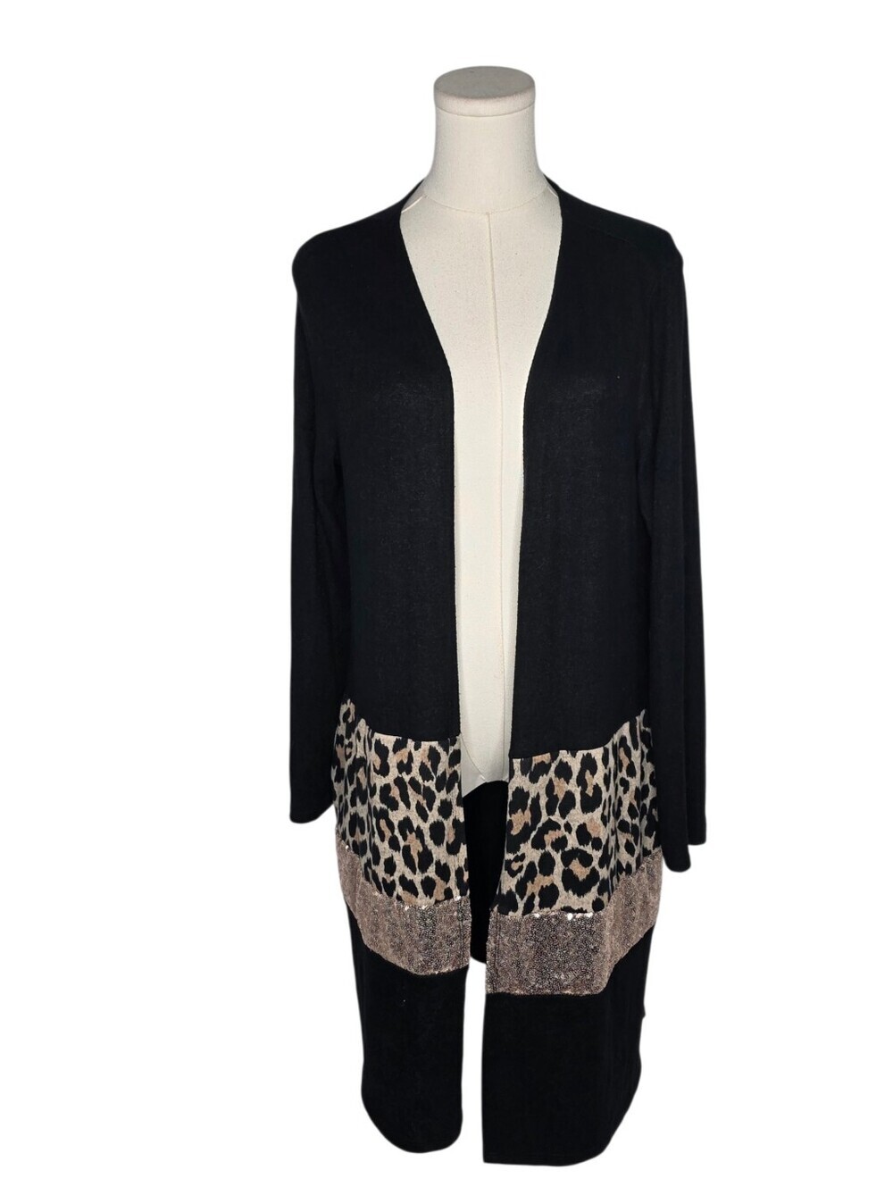 7th Ray Black Leopard Print Sequin Duster Cardigan Small Open Front